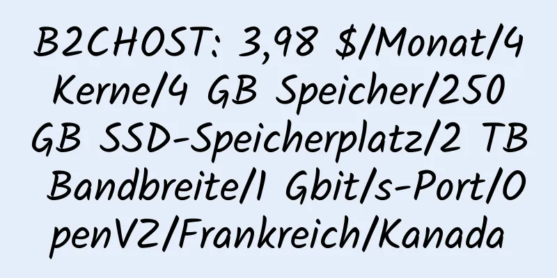 B2CHOST: 3,98 $/Monat/4 Kerne/4 GB Speicher/250 GB SSD-Speicherplatz/2 TB Bandbreite/1 Gbit/s-Port/OpenVZ/Frankreich/Kanada