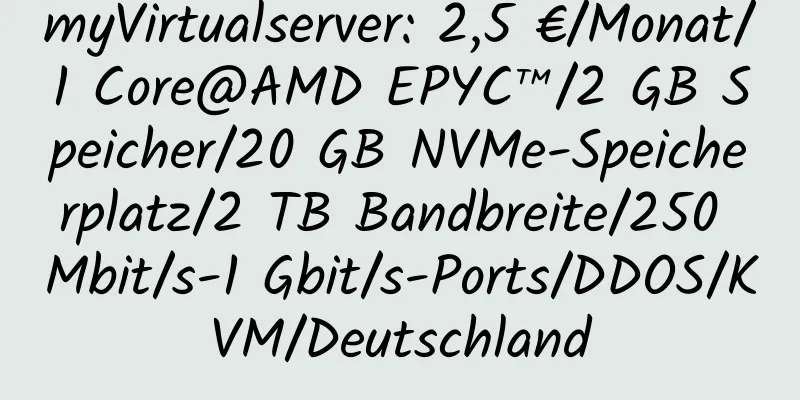 myVirtualserver: 2,5 €/Monat/1 Core@AMD EPYC™/2 GB Speicher/20 GB NVMe-Speicherplatz/2 TB Bandbreite/250 Mbit/s-1 Gbit/s-Ports/DDOS/KVM/Deutschland