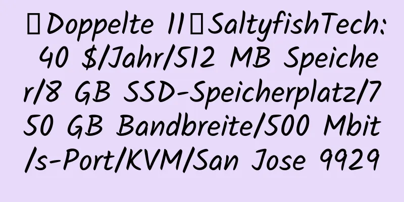 【Doppelte 11】SaltyfishTech: 40 $/Jahr/512 MB Speicher/8 GB SSD-Speicherplatz/750 GB Bandbreite/500 Mbit/s-Port/KVM/San Jose 9929