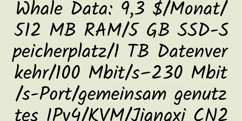 Whale Data: 9,3 $/Monat/512 MB RAM/5 GB SSD-Speicherplatz/1 TB Datenverkehr/100 Mbit/s–230 Mbit/s-Port/gemeinsam genutztes IPv4/KVM/Jiangxi CN2