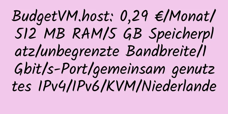 BudgetVM.host: 0,29 €/Monat/512 MB RAM/5 GB Speicherplatz/unbegrenzte Bandbreite/1 Gbit/s-Port/gemeinsam genutztes IPv4/IPv6/KVM/Niederlande