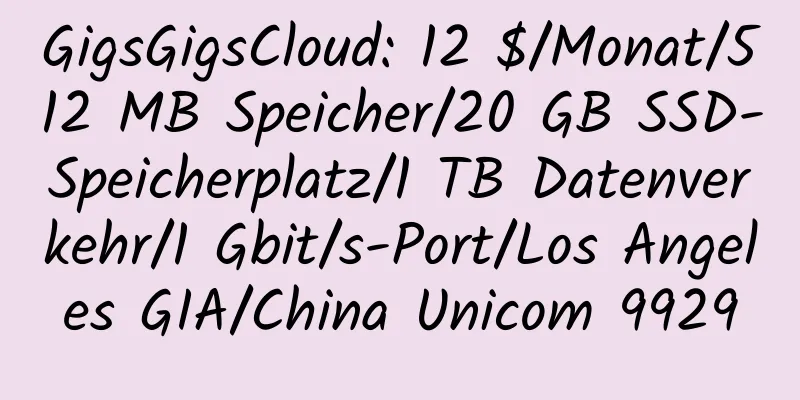 GigsGigsCloud: 12 $/Monat/512 MB Speicher/20 GB SSD-Speicherplatz/1 TB Datenverkehr/1 Gbit/s-Port/Los Angeles GIA/China Unicom 9929