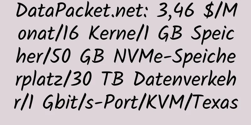 DataPacket.net: 3,46 $/Monat/16 Kerne/1 GB Speicher/50 GB NVMe-Speicherplatz/30 TB Datenverkehr/1 Gbit/s-Port/KVM/Texas