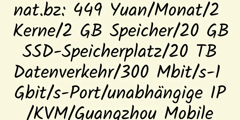 nat.bz: 449 Yuan/Monat/2 Kerne/2 GB Speicher/20 GB SSD-Speicherplatz/20 TB Datenverkehr/300 Mbit/s-1 Gbit/s-Port/unabhängige IP/KVM/Guangzhou Mobile