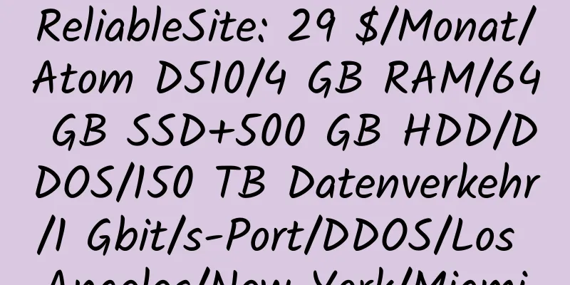 ReliableSite: 29 $/Monat/Atom D510/4 GB RAM/64 GB SSD+500 GB HDD/DDOS/150 TB Datenverkehr/1 Gbit/s-Port/DDOS/Los Angeles/New York/Miami