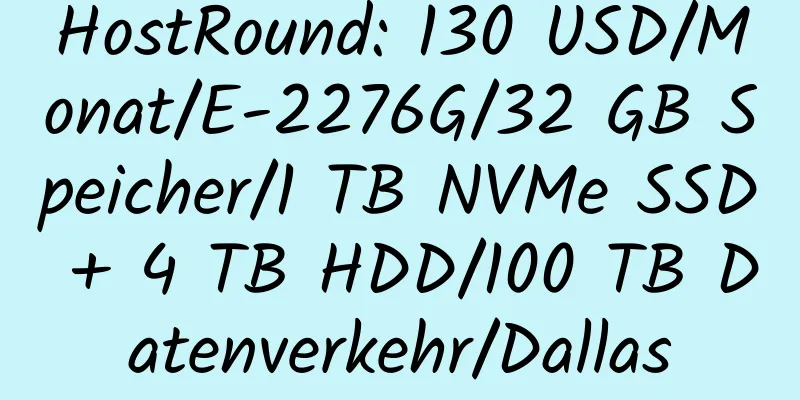 HostRound: 130 USD/Monat/E-2276G/32 GB Speicher/1 TB NVMe SSD + 4 TB HDD/100 TB Datenverkehr/Dallas