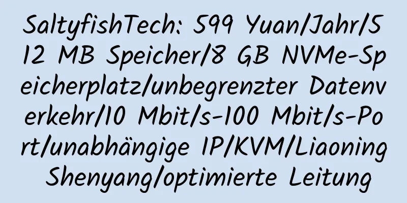 SaltyfishTech: 599 Yuan/Jahr/512 MB Speicher/8 GB NVMe-Speicherplatz/unbegrenzter Datenverkehr/10 Mbit/s-100 Mbit/s-Port/unabhängige IP/KVM/Liaoning Shenyang/optimierte Leitung