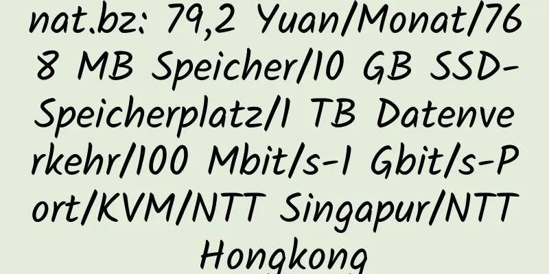 nat.bz: 79,2 Yuan/Monat/768 MB Speicher/10 GB SSD-Speicherplatz/1 TB Datenverkehr/100 Mbit/s-1 Gbit/s-Port/KVM/NTT Singapur/NTT Hongkong