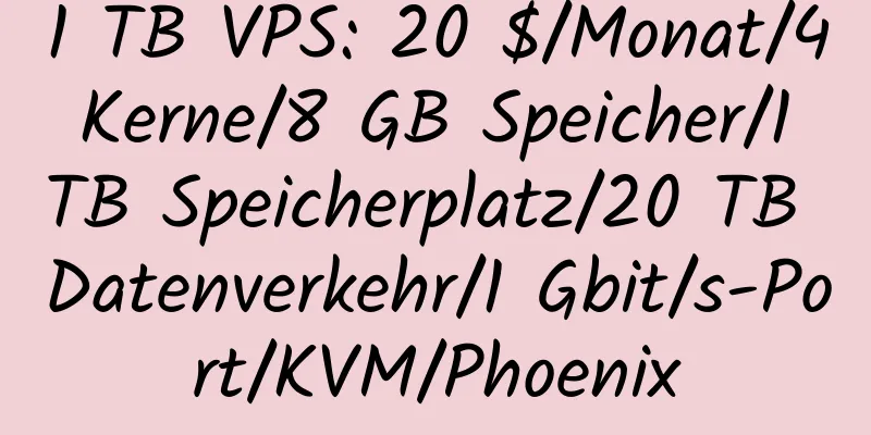 1 TB VPS: 20 $/Monat/4 Kerne/8 GB Speicher/1 TB Speicherplatz/20 TB Datenverkehr/1 Gbit/s-Port/KVM/Phoenix