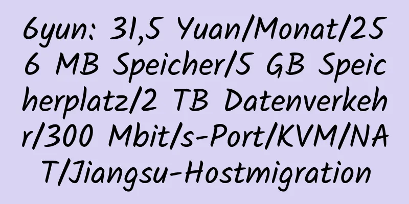 6yun: 31,5 Yuan/Monat/256 MB Speicher/5 GB Speicherplatz/2 TB Datenverkehr/300 Mbit/s-Port/KVM/NAT/Jiangsu-Hostmigration