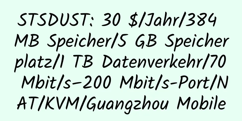 STSDUST: 30 $/Jahr/384 MB Speicher/5 GB Speicherplatz/1 TB Datenverkehr/70 Mbit/s–200 Mbit/s-Port/NAT/KVM/Guangzhou Mobile