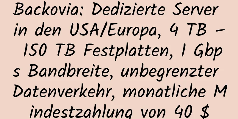 Backovia: Dedizierte Server in den USA/Europa, 4 TB – 150 TB Festplatten, 1 Gbps Bandbreite, unbegrenzter Datenverkehr, monatliche Mindestzahlung von 40 $