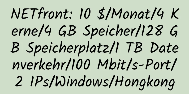 NETfront: 10 $/Monat/4 Kerne/4 GB Speicher/128 GB Speicherplatz/1 TB Datenverkehr/100 Mbit/s-Port/2 IPs/Windows/Hongkong