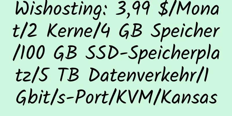 Wishosting: 3,99 $/Monat/2 Kerne/4 GB Speicher/100 GB SSD-Speicherplatz/5 TB Datenverkehr/1 Gbit/s-Port/KVM/Kansas