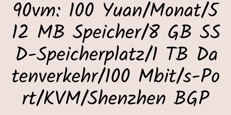 90vm: 100 Yuan/Monat/512 MB Speicher/8 GB SSD-Speicherplatz/1 TB Datenverkehr/100 Mbit/s-Port/KVM/Shenzhen BGP