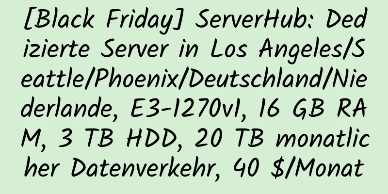 [Black Friday] ServerHub: Dedizierte Server in Los Angeles/Seattle/Phoenix/Deutschland/Niederlande, E3-1270v1, 16 GB RAM, 3 TB HDD, 20 TB monatlicher Datenverkehr, 40 $/Monat