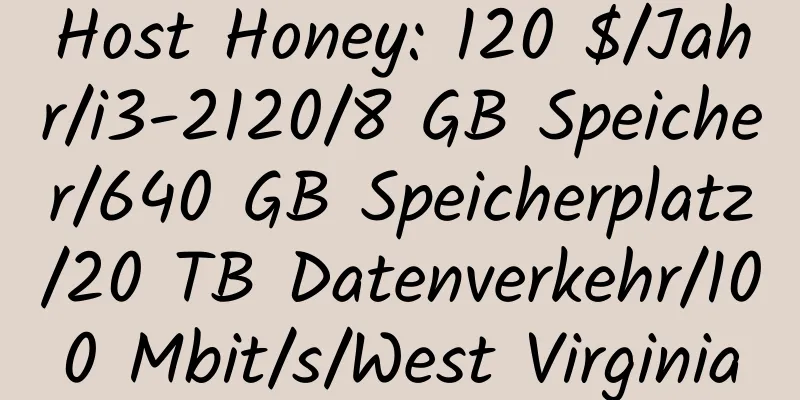 Host Honey: 120 $/Jahr/i3-2120/8 GB Speicher/640 GB Speicherplatz/20 TB Datenverkehr/100 Mbit/s/West Virginia