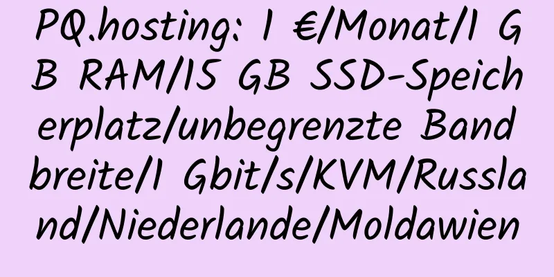 PQ.hosting: 1 €/Monat/1 GB RAM/15 GB SSD-Speicherplatz/unbegrenzte Bandbreite/1 Gbit/s/KVM/Russland/Niederlande/Moldawien