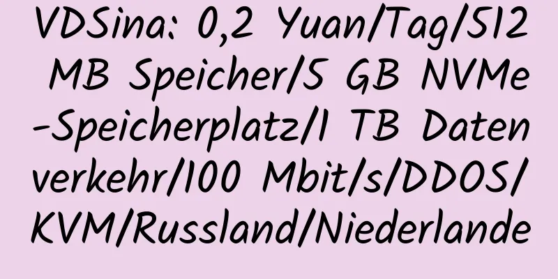 VDSina: 0,2 Yuan/Tag/512 MB Speicher/5 GB NVMe-Speicherplatz/1 TB Datenverkehr/100 Mbit/s/DDOS/KVM/Russland/Niederlande