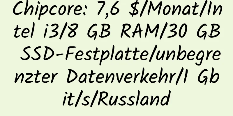 Chipcore: 7,6 $/Monat/Intel i3/8 GB RAM/30 GB SSD-Festplatte/unbegrenzter Datenverkehr/1 Gbit/s/Russland