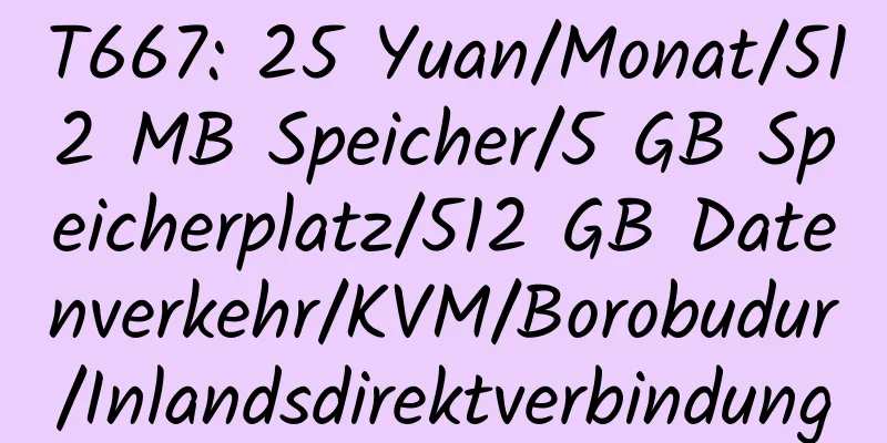 T667: 25 Yuan/Monat/512 MB Speicher/5 GB Speicherplatz/512 GB Datenverkehr/KVM/Borobudur/Inlandsdirektverbindung