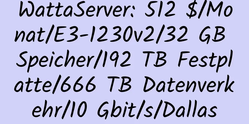 WattaServer: 512 $/Monat/E3-1230v2/32 GB Speicher/192 TB Festplatte/666 TB Datenverkehr/10 Gbit/s/Dallas