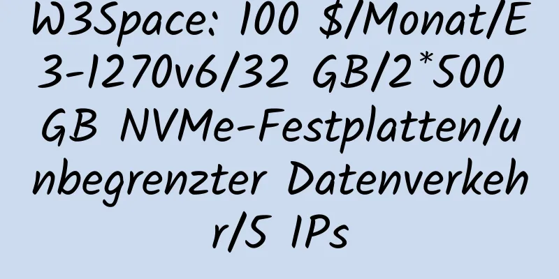 W3Space: 100 $/Monat/E3-1270v6/32 GB/2*500 GB NVMe-Festplatten/unbegrenzter Datenverkehr/5 IPs