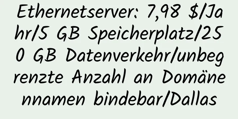 Ethernetserver: 7,98 $/Jahr/5 GB Speicherplatz/250 GB Datenverkehr/unbegrenzte Anzahl an Domänennamen bindebar/Dallas