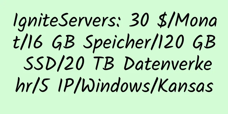 IgniteServers: 30 $/Monat/16 GB Speicher/120 GB SSD/20 TB Datenverkehr/5 IP/Windows/Kansas